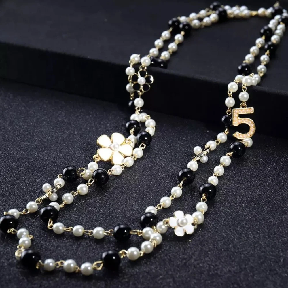 New Pearl Camellia Number5 Flower Double Long Necklace